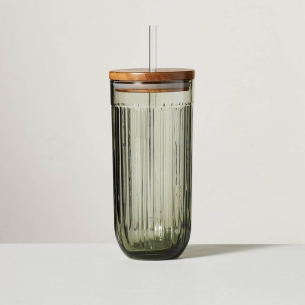 21oz Fluted Glass Tumbler with Wood Lid Green - Hearth & Hand'™ with Magnolia